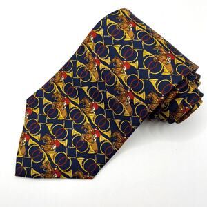 Paul Fredrick Equestrian Horse Mens Italian Silk Tie Necktie Navy Gold Horns USA